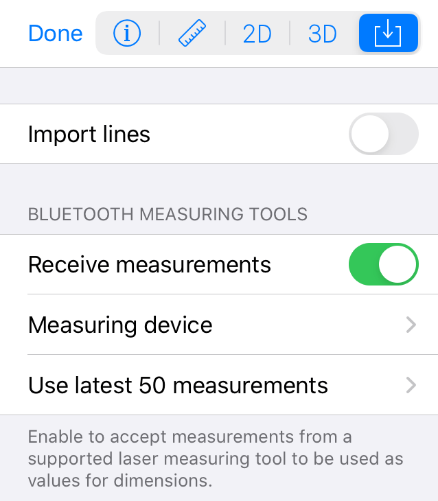Settings for importing data from a laser measuring device