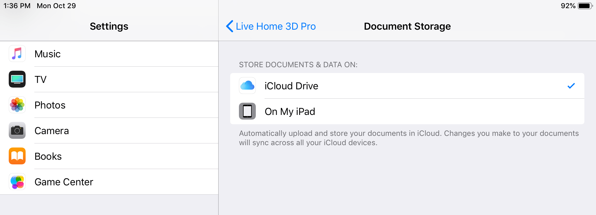 List of storage options in Live Home 3D settings