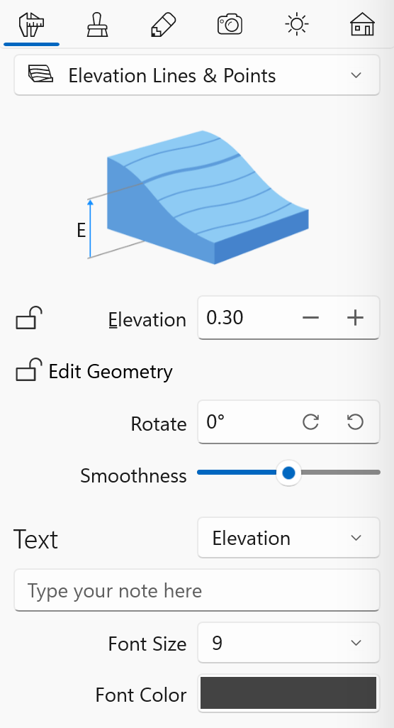 Properties of the Elevation Line object in the Inspector.