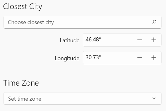 Geolocation window to set up the location and time zone