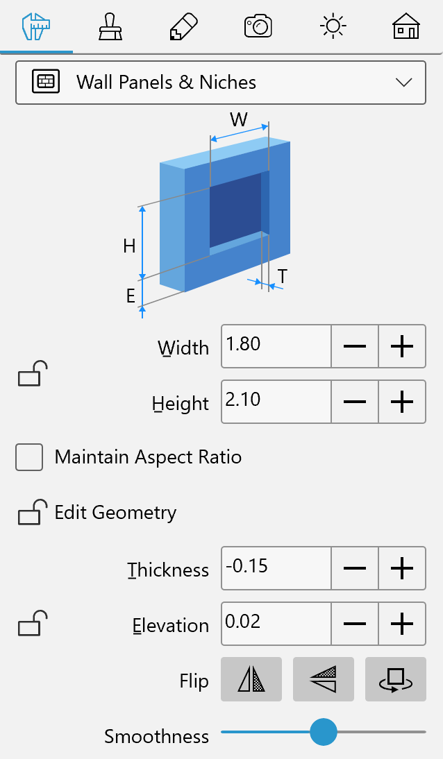 Parameters of niches and wall panels